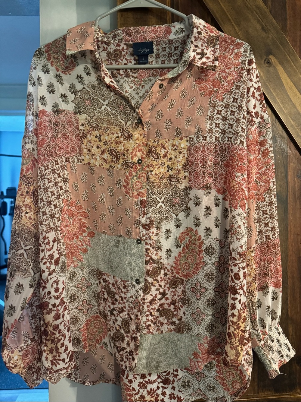 Daytrip Pink and Cream Patchwork Paisley Button-Up Blouse